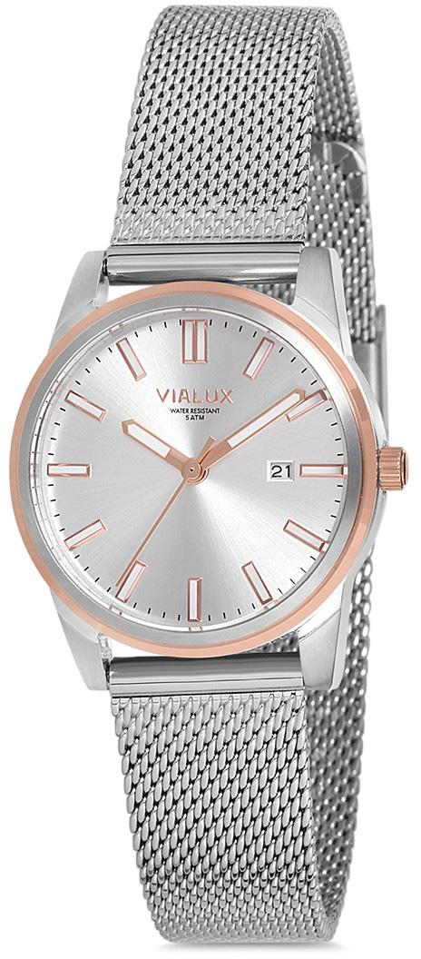 Vialux AJ534T-02SR Takvimli 30 mm Gri Çelik Kordon Analog Kadın Kol Saati