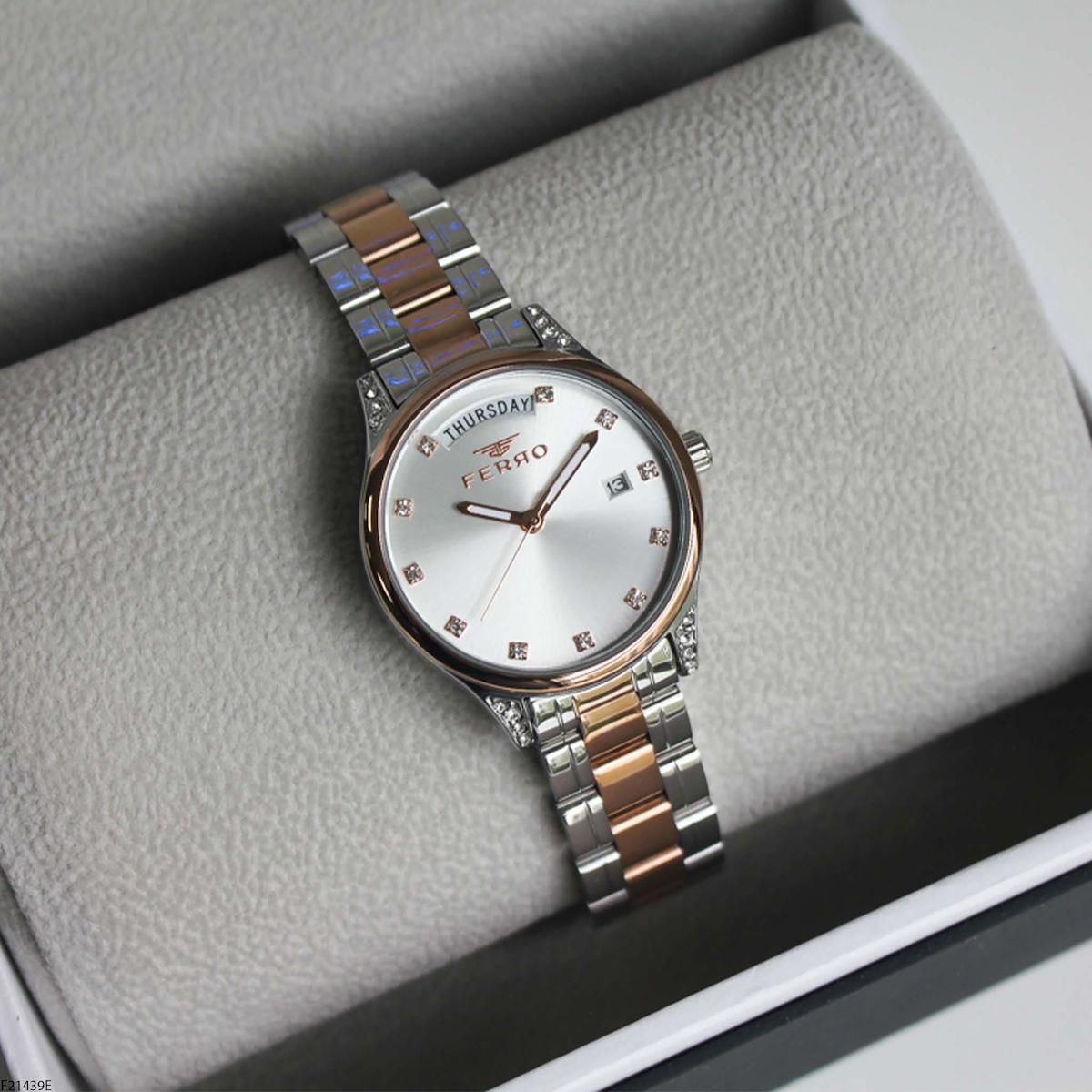 Ferro F21439E 36 mm Gri-Rose Gold Çelik Kordon Analog Kadın Kol Saati