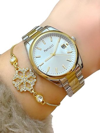 Ferrucci Takvimli 36 mm Altın-Gri Çelik Kordon Analog Kadın Kol Saati