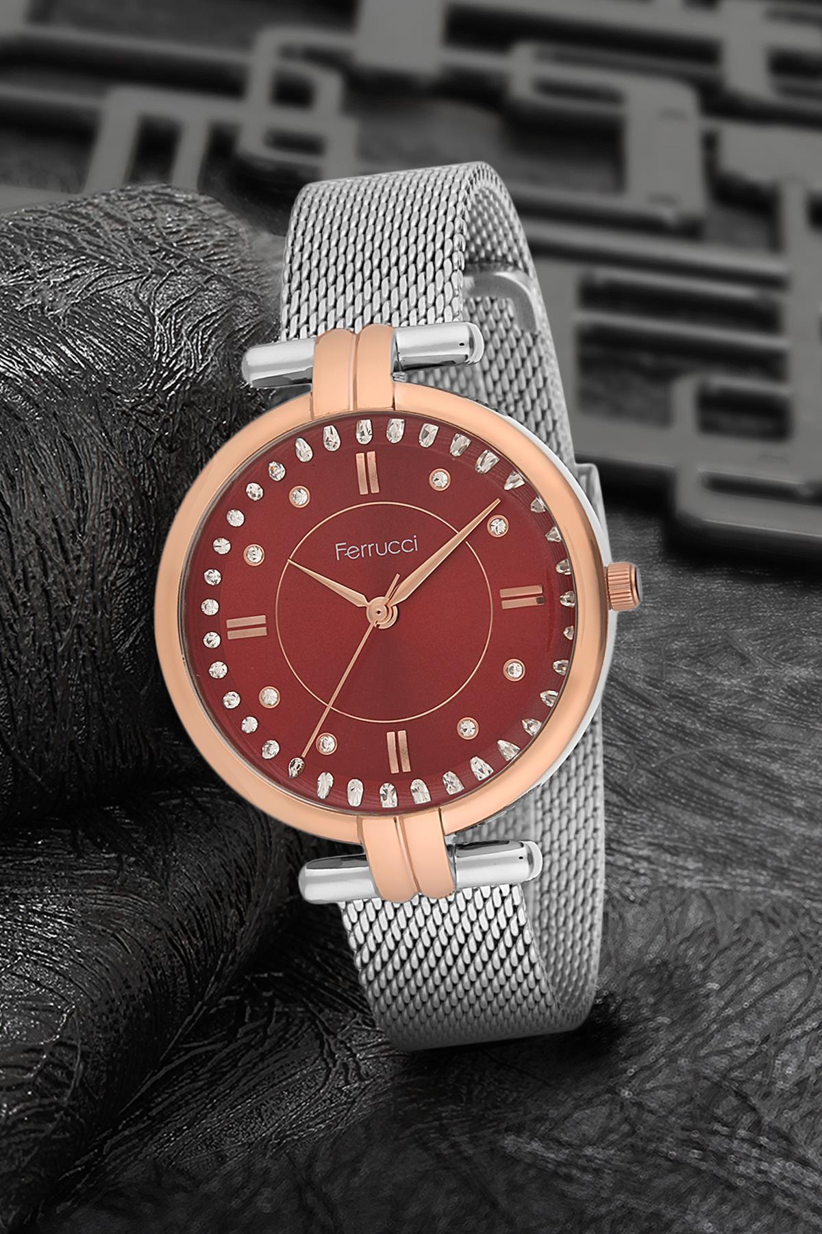 Ferrucci 9FM2430 38 mm Gri Çelik-Hasır Kordon Analog Kadın Kol Saati