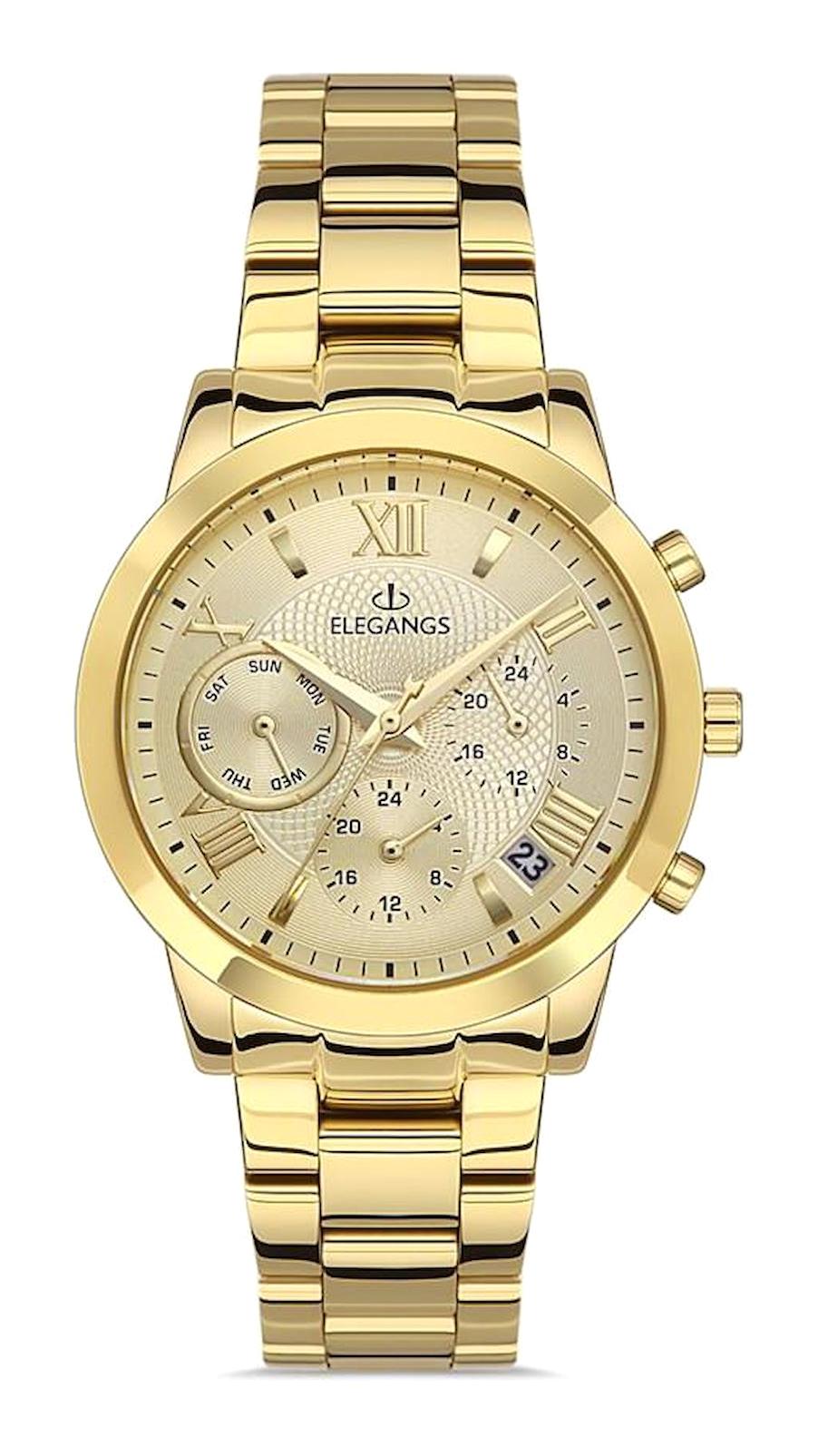 Elegangs EL2451.2 Takvimli 36 mm Altın Çelik Kordon Analog Kadın Kol Saati
