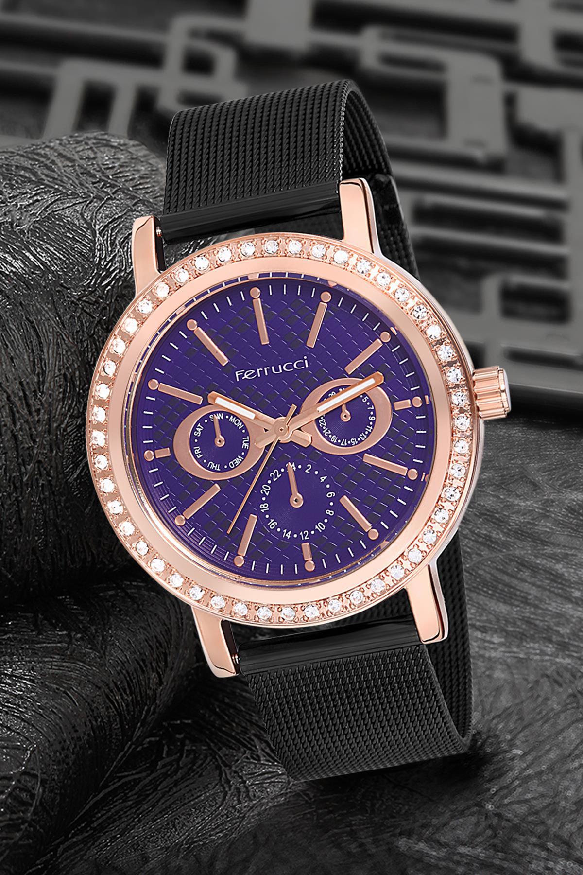 Ferrucci 9FM1757 38 mm Siyah Çelik-Hasır Kordon Analog Kadın Kol Saati