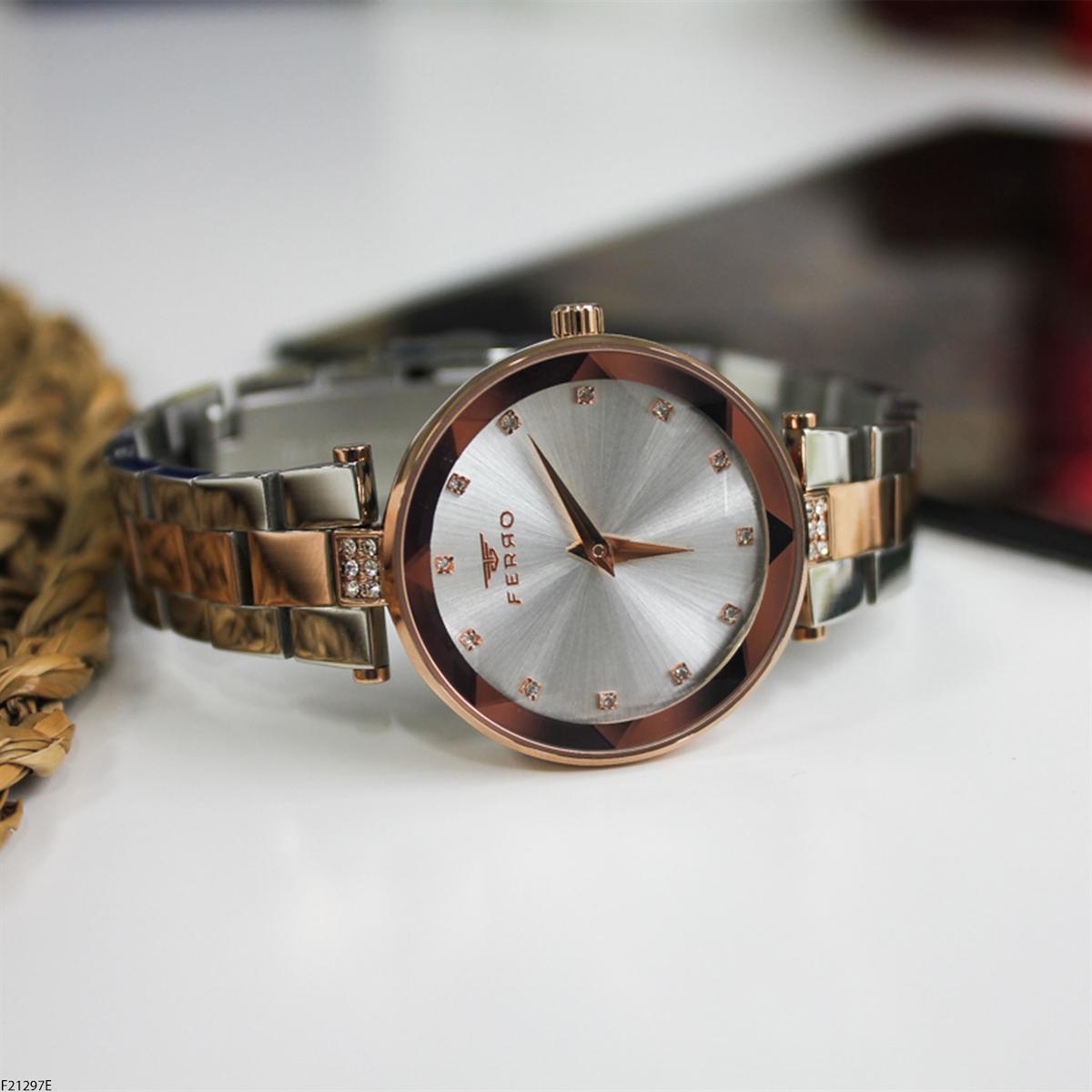 Ferro F21297E 36 mm Gri-Rose Gold Çelik Kordon Analog Kadın Kol Saati