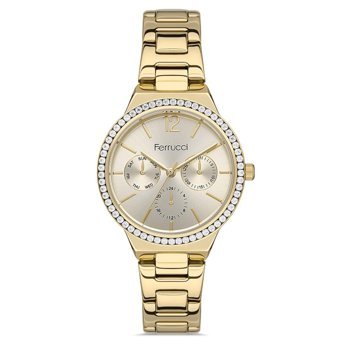 Ferrucci FRC.14307M.04 Takvimli 35 mm Altın Çelik Kordon Analog Kadın Kol Saati