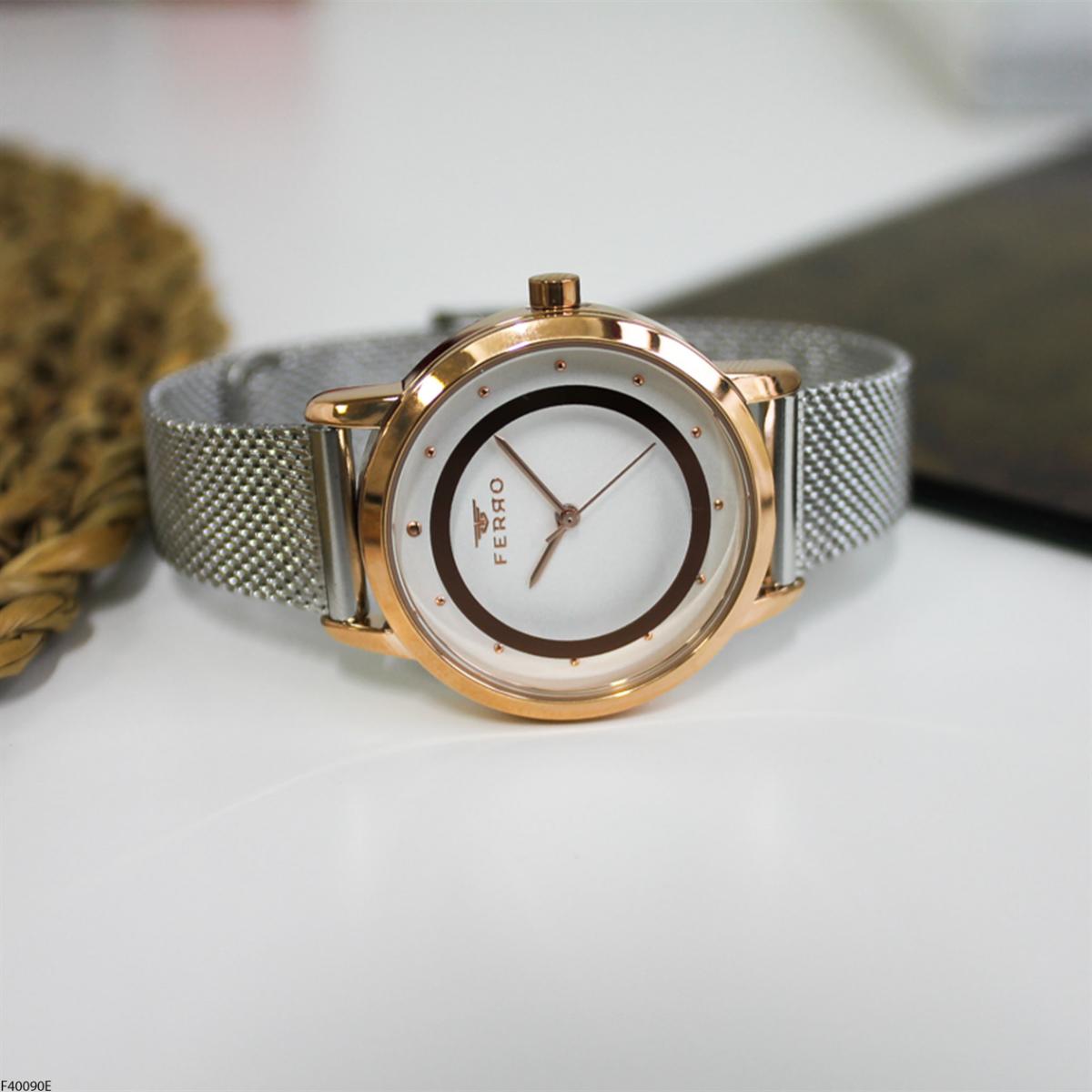 Ferro F40090E 35 mm Gri Metal Kordon Analog Kadın Kol Saati