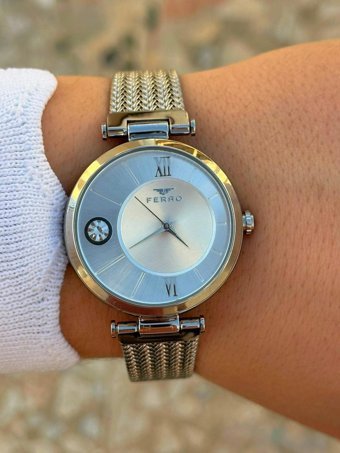 Ferro FR.FT.1.132 35 mm Gri Çelik-Hasır Kordon Analog Kadın Kol Saati
