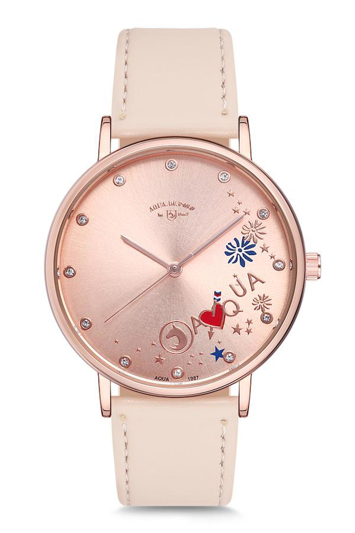 Aqua Di Polo APSV1-A5673-KDK22 37 mm Pembe Deri Kordon Analog Kadın Kol Saati