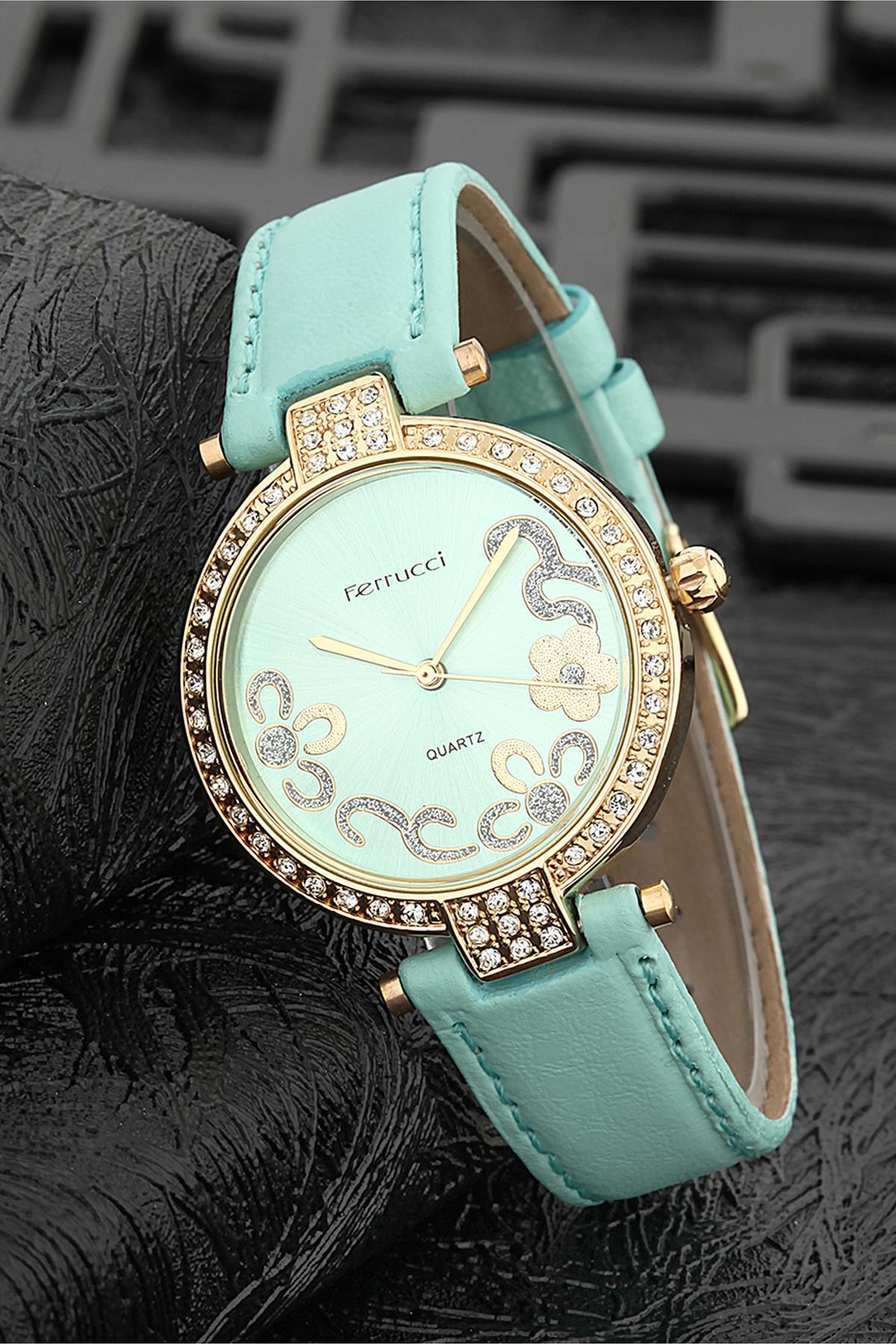 Ferrucci FRK1049 38 mm Turkuaz Deri Kordon Analog Kadın Kol Saati