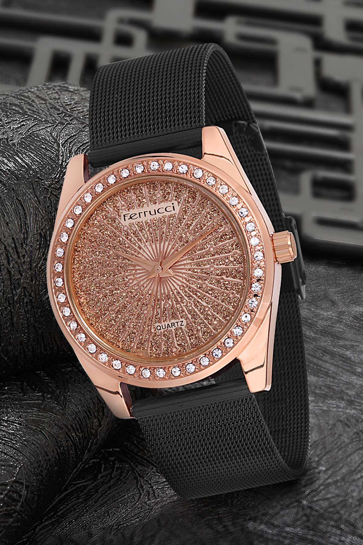 Ferrucci 9FM1523 38 mm Siyah Çelik-Hasır Kordon Analog Kadın Kol Saati
