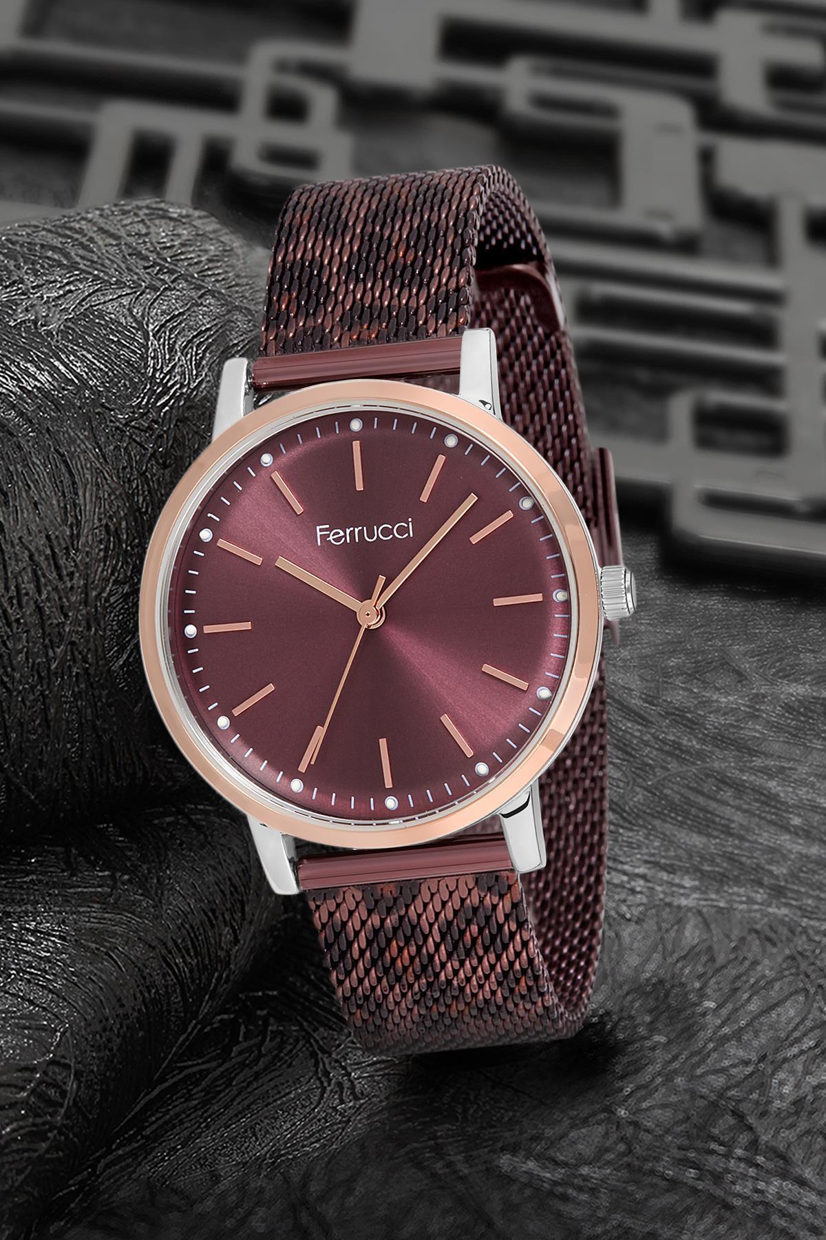 Ferrucci 9FM2420 38 mm Bordo Çelik-Hasır Kordon Analog Kadın Kol Saati
