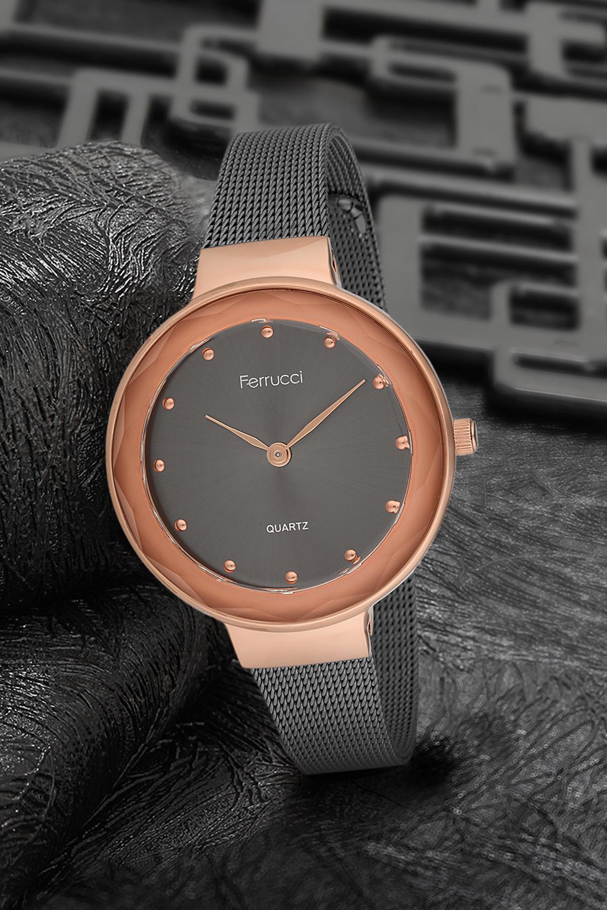 Ferrucci 9FM2411 38 mm Siyah Çelik-Hasır Kordon Analog Kadın Kol Saati
