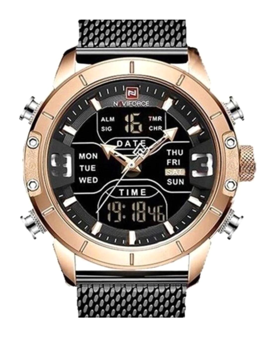 Naviforce Takvimli 41-45 mm Lacivert Çelik-Hasır Kordon Analog Erkek Kol Saati