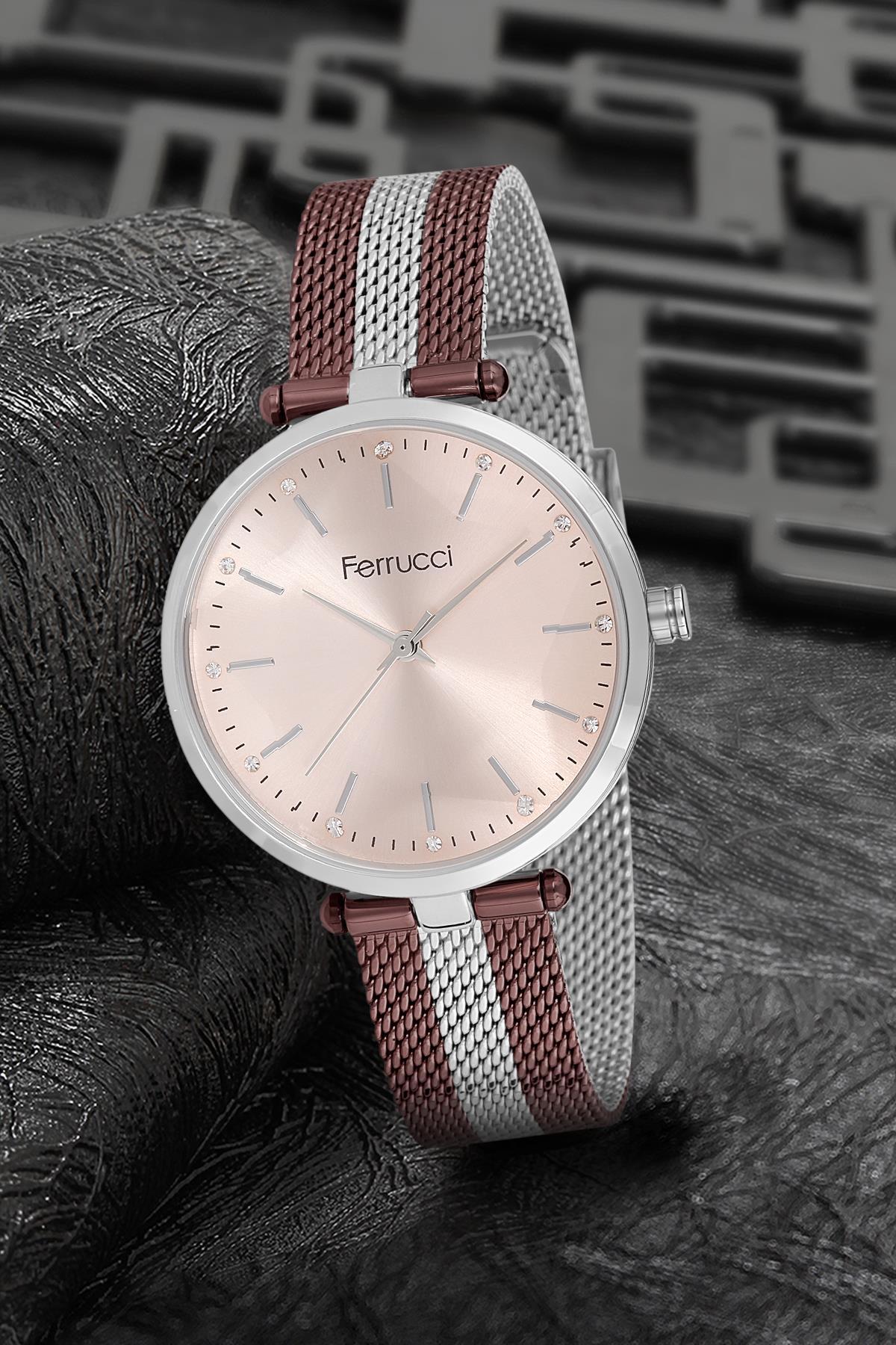 Ferrucci 9FM2502 36 mm Gri - Kahverengi Metal Kordon Analog Kadın Kol Saati