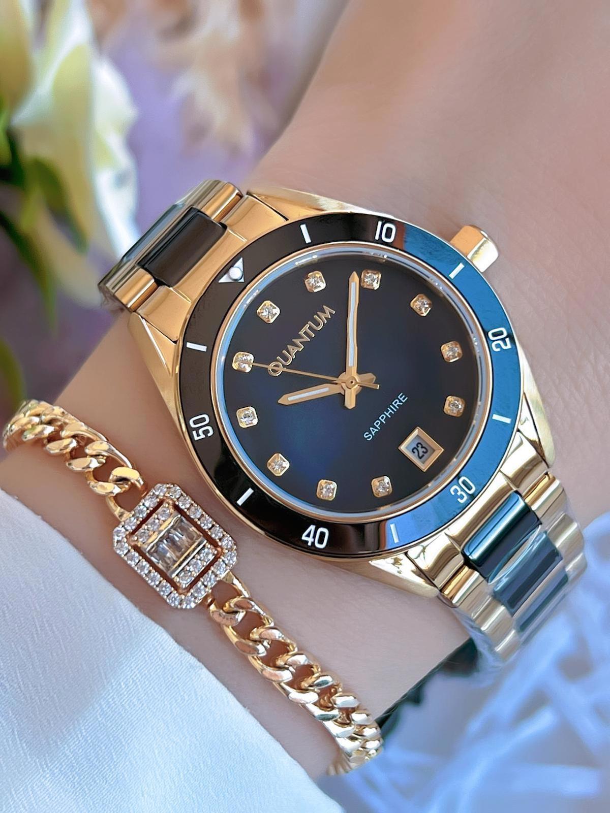 Quantum BML.1124.120 Takvimli 36 mm Altın-Lacivert Çelik Kordon Analog Kadın Kol Saati