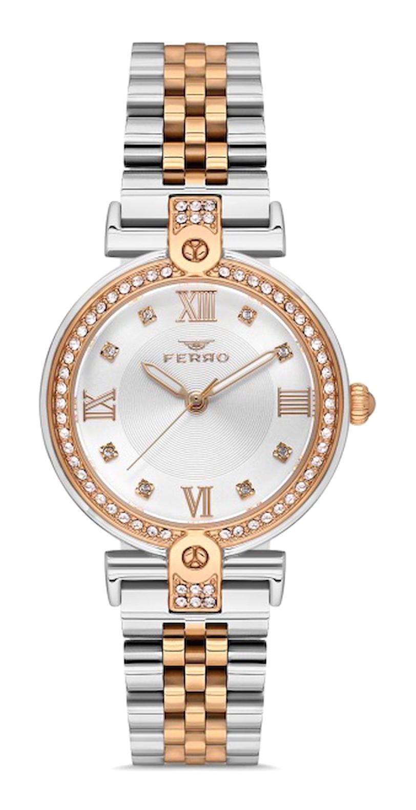 Ferro FL21390A-E 32 mm Gri-Rose Gold Metal Kordon Analog Kadın Kol Saati