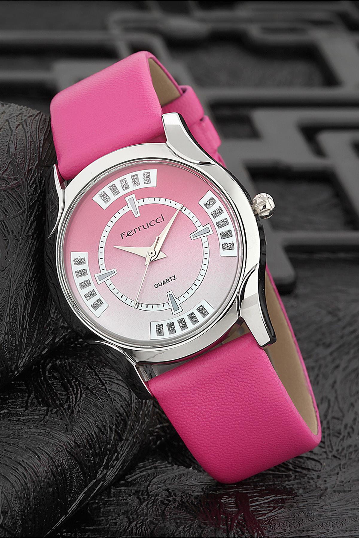 Ferrucci FRK1001 38 mm Pembe Deri Kordon Analog Kadın Kol Saati