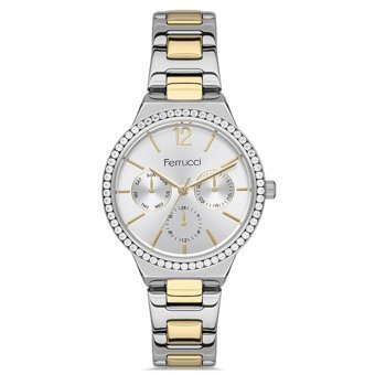Ferrucci FRC.14307M.03 Takvimli 35 mm Altın-Gri Metal Kordon Analog Kadın Kol Saati