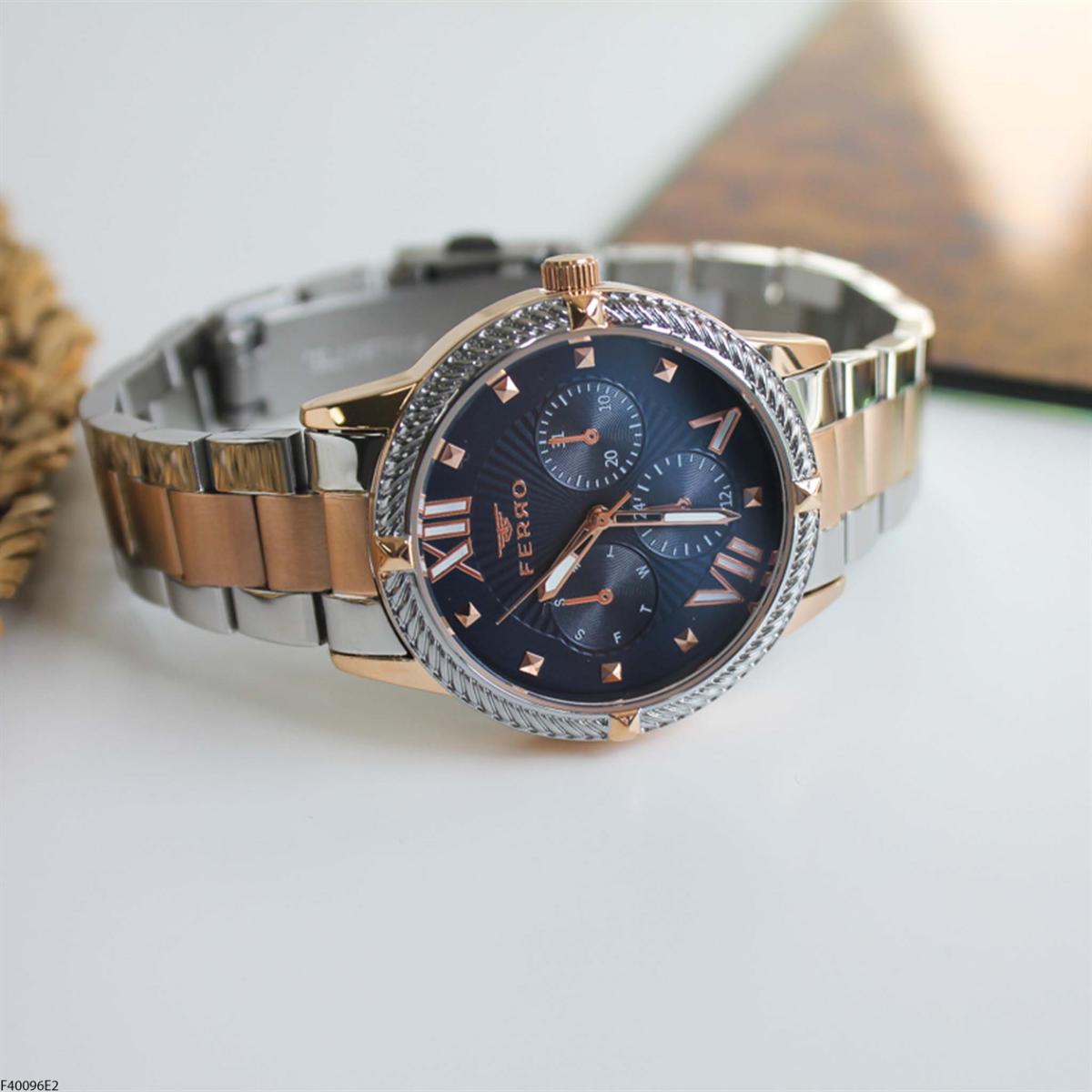 Ferro F40096E2 Takvimli 36 mm Gri-Rose Gold Metal Kordon Analog Kadın Kol Saati