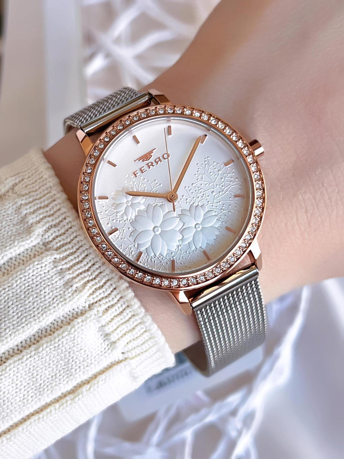 Ferro BFL2124CWT-E 36 mm Gri Çelik-Hasır Kordon Analog Kadın Kol Saati