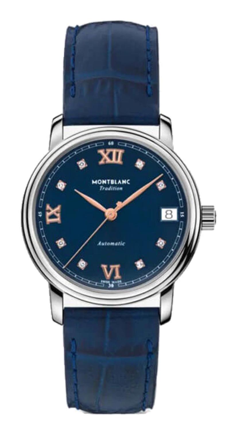 Mont Blanc TRADİTİON 129642 Takvimli 32 mm Lacivert Deri Kordon Analog Kadın Kol Saati