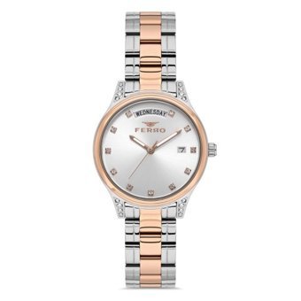 Ferro FL21439A-E Takvimli 34 mm Gri-Rose Gold Çelik Kordon Analog Kadın Kol Saati