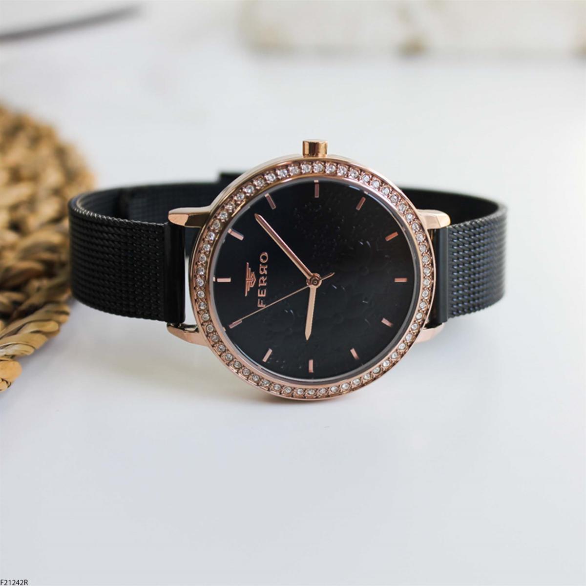 Ferro F21242R 36 mm Siyah Metal Kordon Analog Kadın Kol Saati
