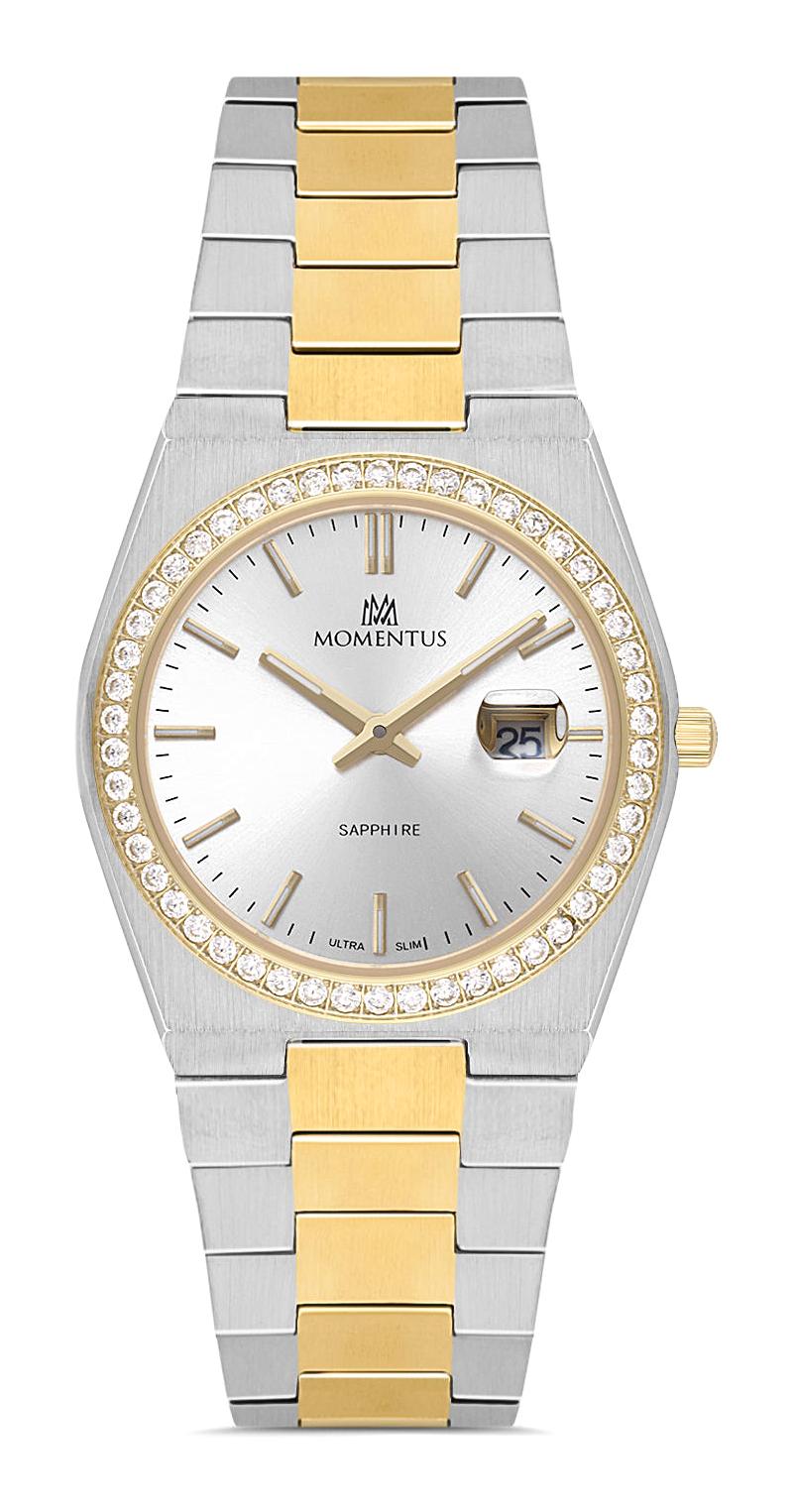 Momentus SS345T-02SG Takvimli 30 mm Altın-Gri Çelik Kordon Analog Kadın Kol Saati