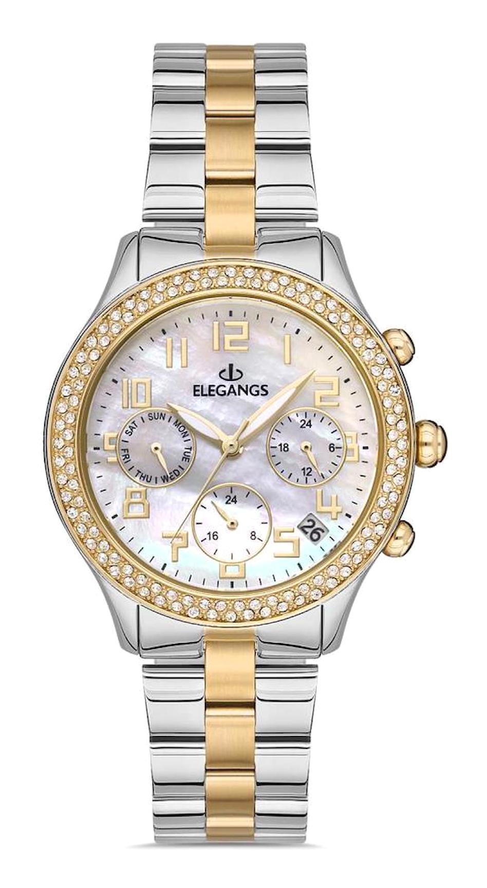 Elegangs EL2447.7 Takvimli 36 mm Altın-Gri Çelik Kordon Analog Kadın Kol Saati