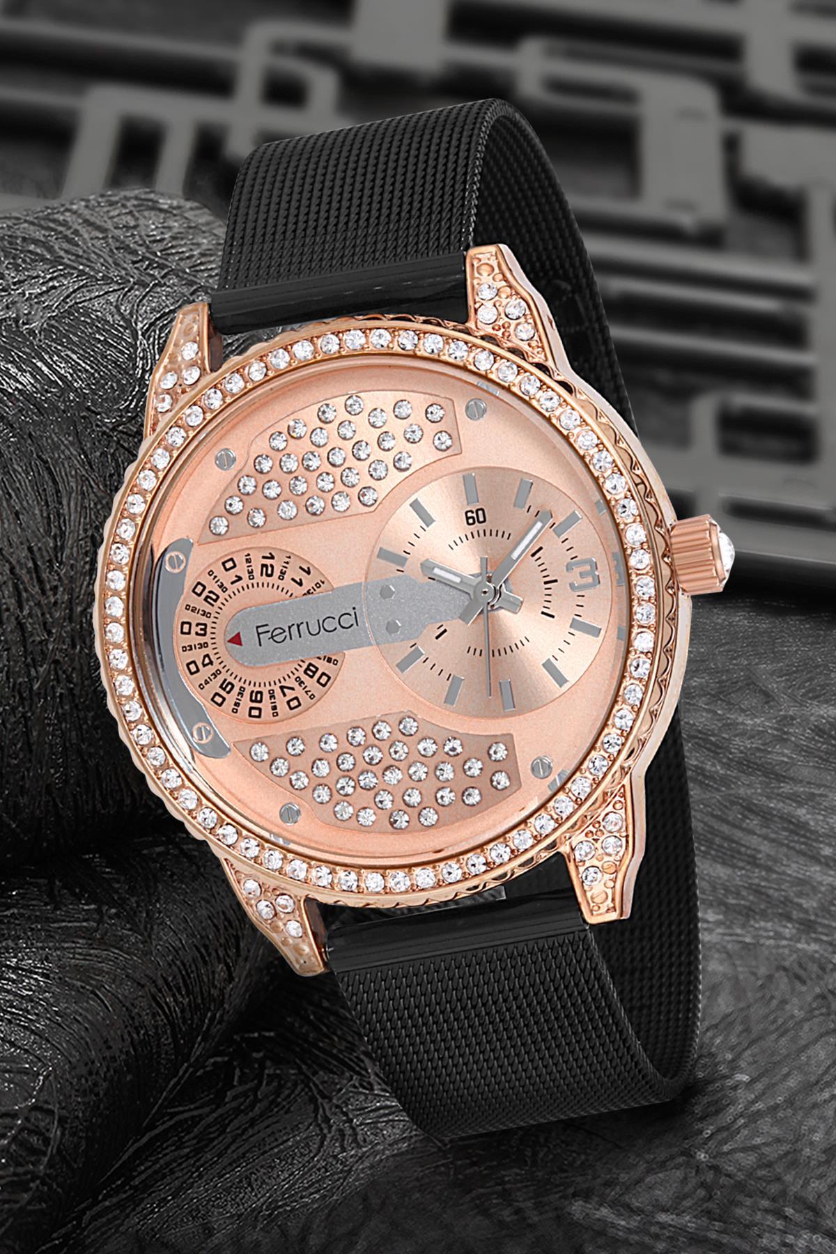 Ferrucci 9FM1515 38 mm Siyah Çelik-Hasır Kordon Analog Kadın Kol Saati