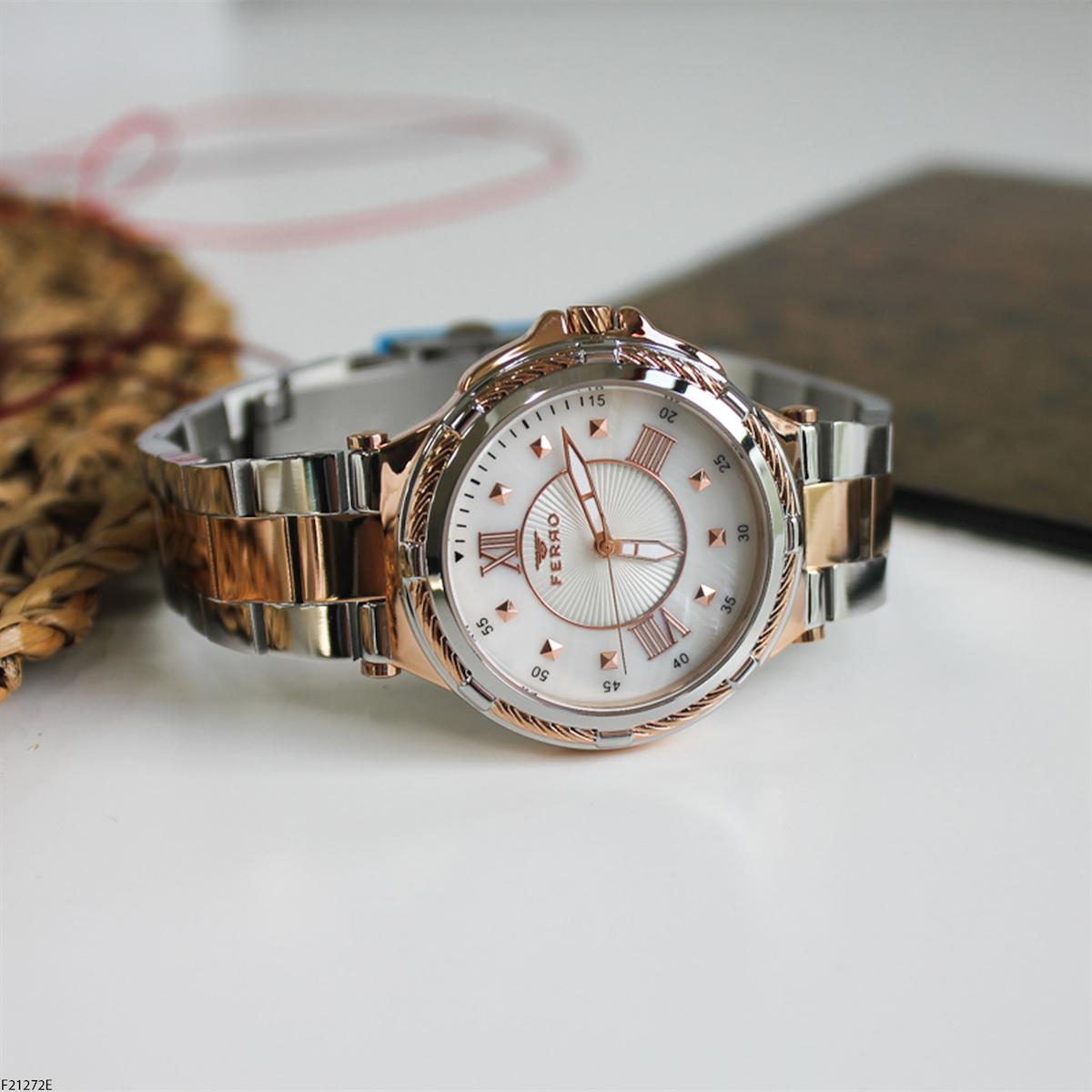 Ferro F21272E 36 mm Gri-Rose Gold Çelik Kordon Analog Kadın Kol Saati