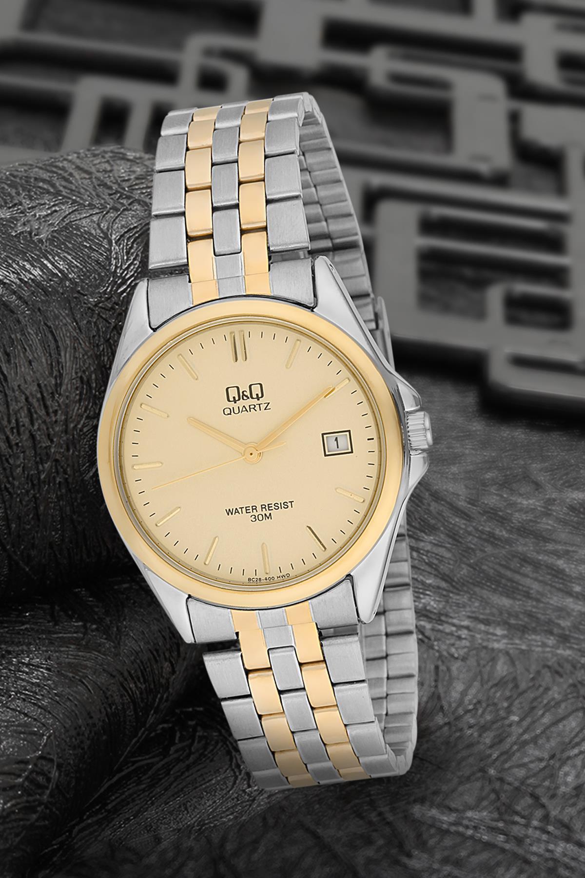 Q&Q 3F136 Takvimli 36 mm Altın-Gri Metal Kordon Analog Kadın Kol Saati