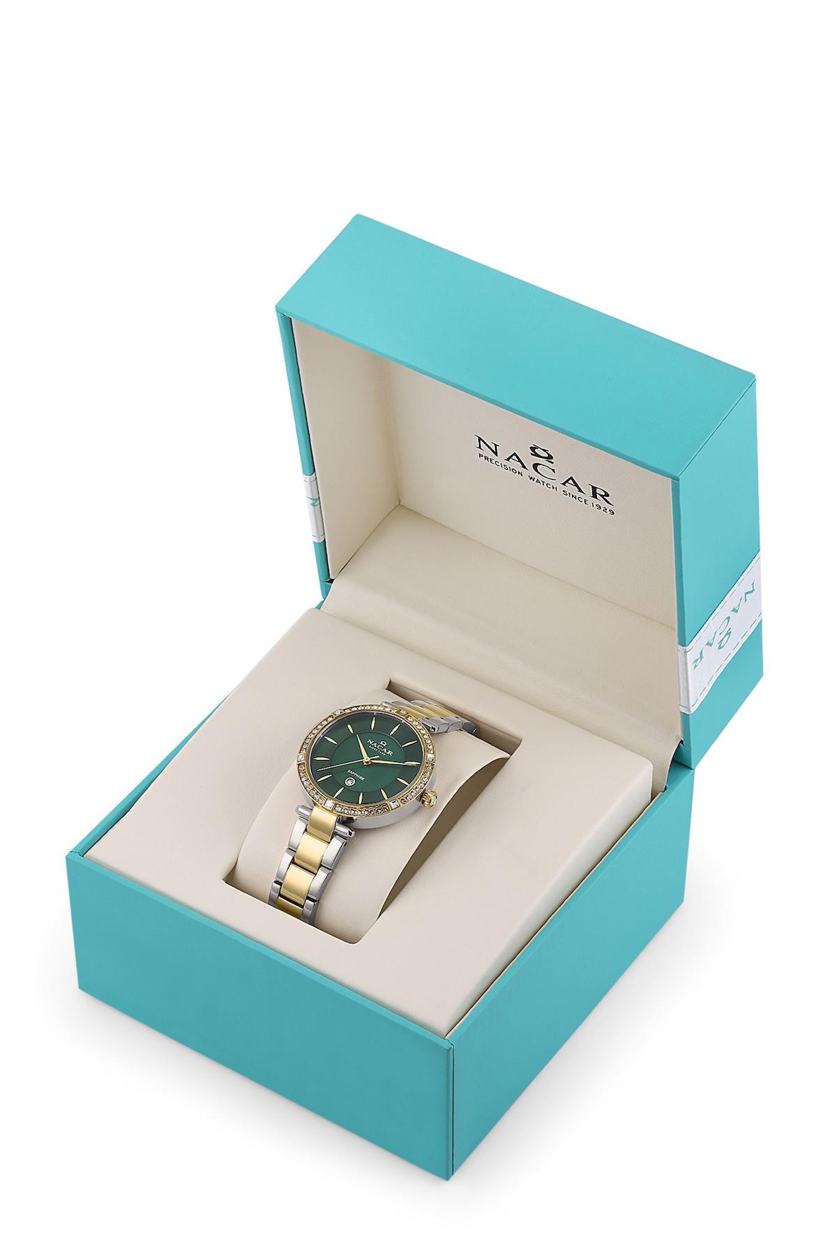 Nacar 3439B662-CNMS Takvimli 33 mm Gri-Sarı Metal Kordon Analog Kadın Kol Saati