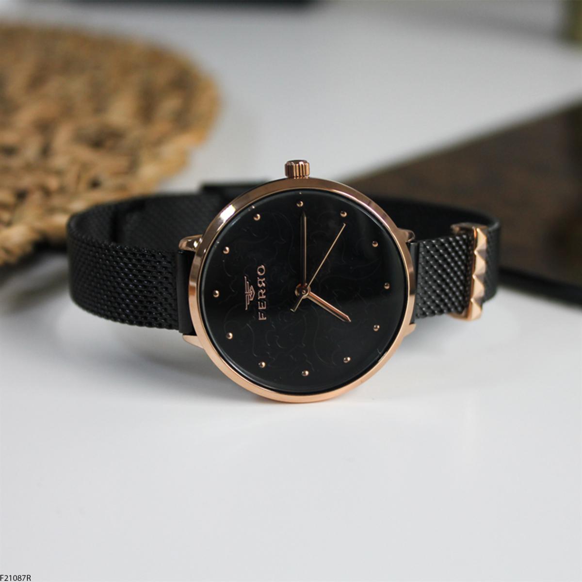 Ferro F21087R 36 mm Siyah Metal Kordon Analog Kadın Kol Saati