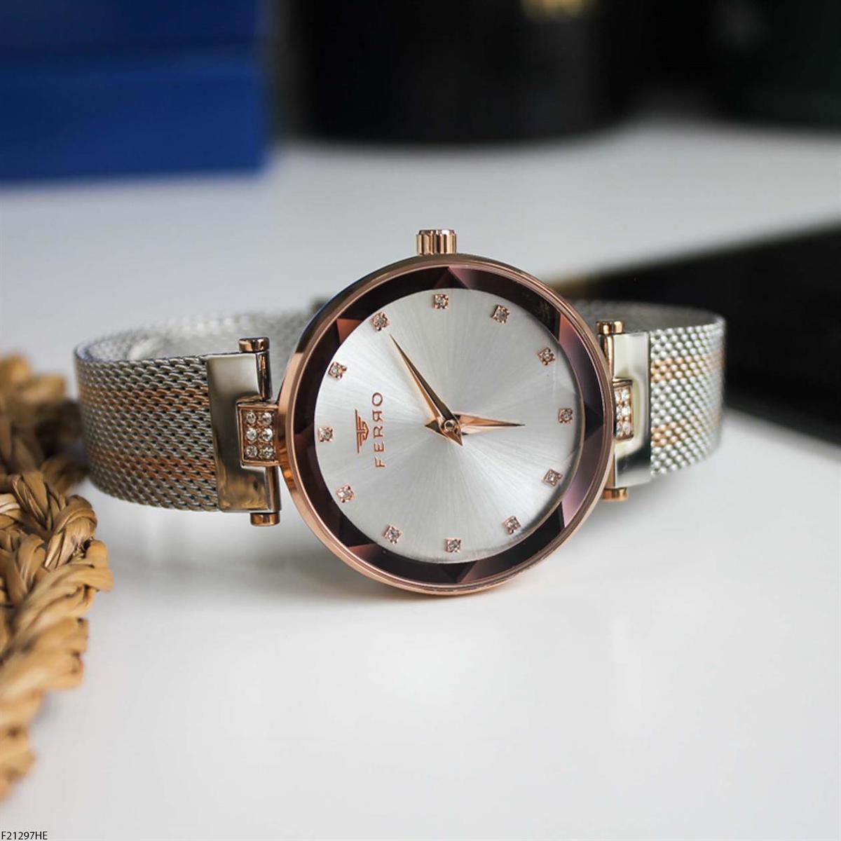 Ferro F21297HE 36 mm Gri-Rose Gold Çelik Kordon Analog Kadın Kol Saati