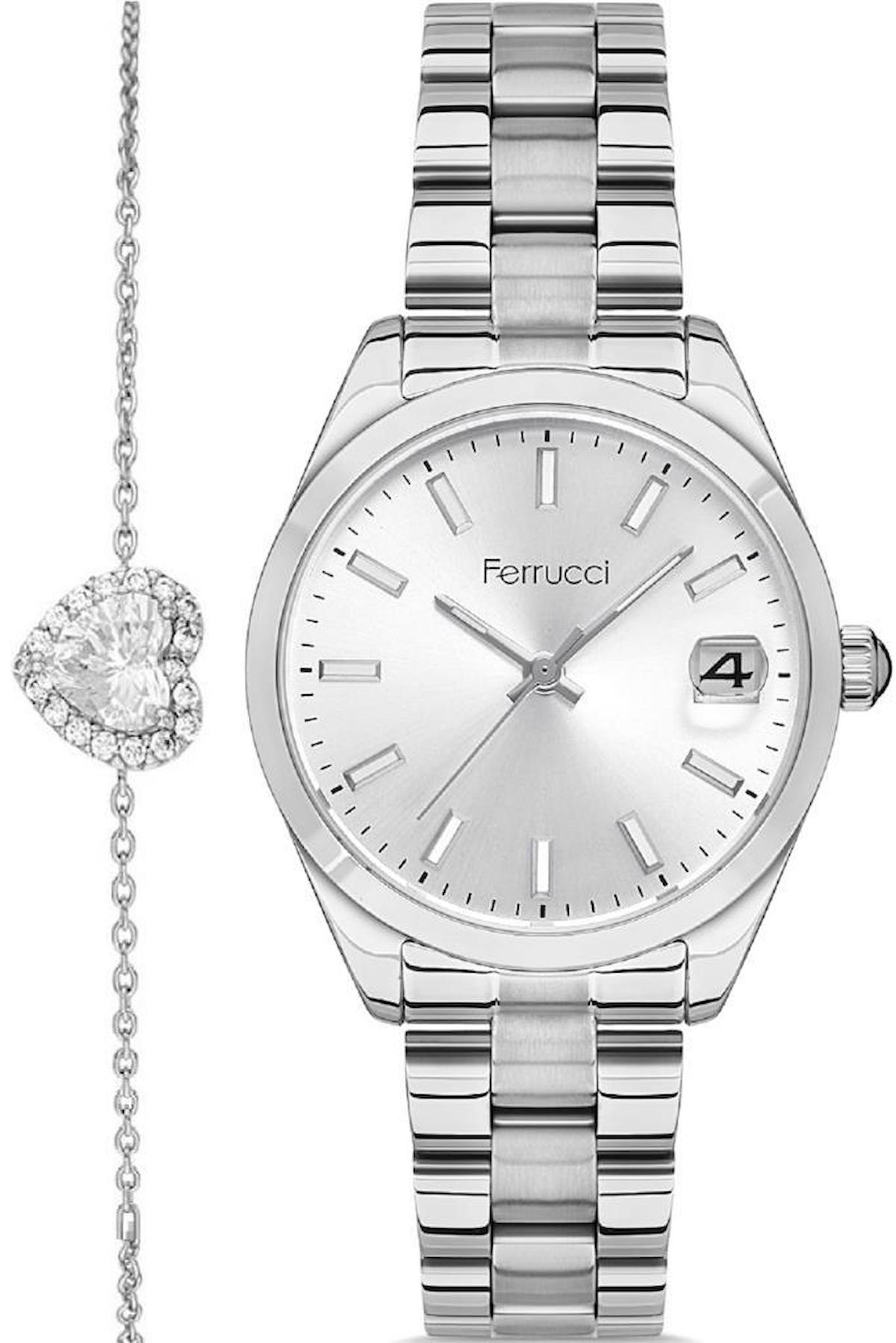 Ferrucci FC.0223.13276M.01 Takvimli 36 mm Gri Çelik Kordon Analog Kadın Kol Saati