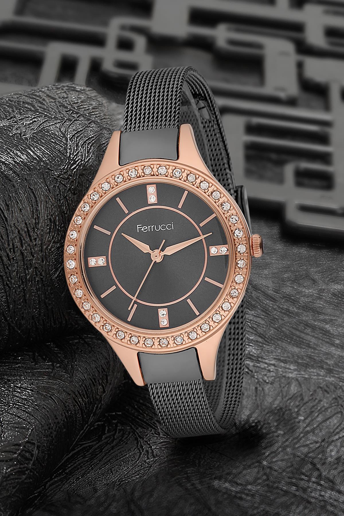 Ferrucci 9FM2407 38 mm Siyah Çelik-Hasır Kordon Analog Kadın Kol Saati