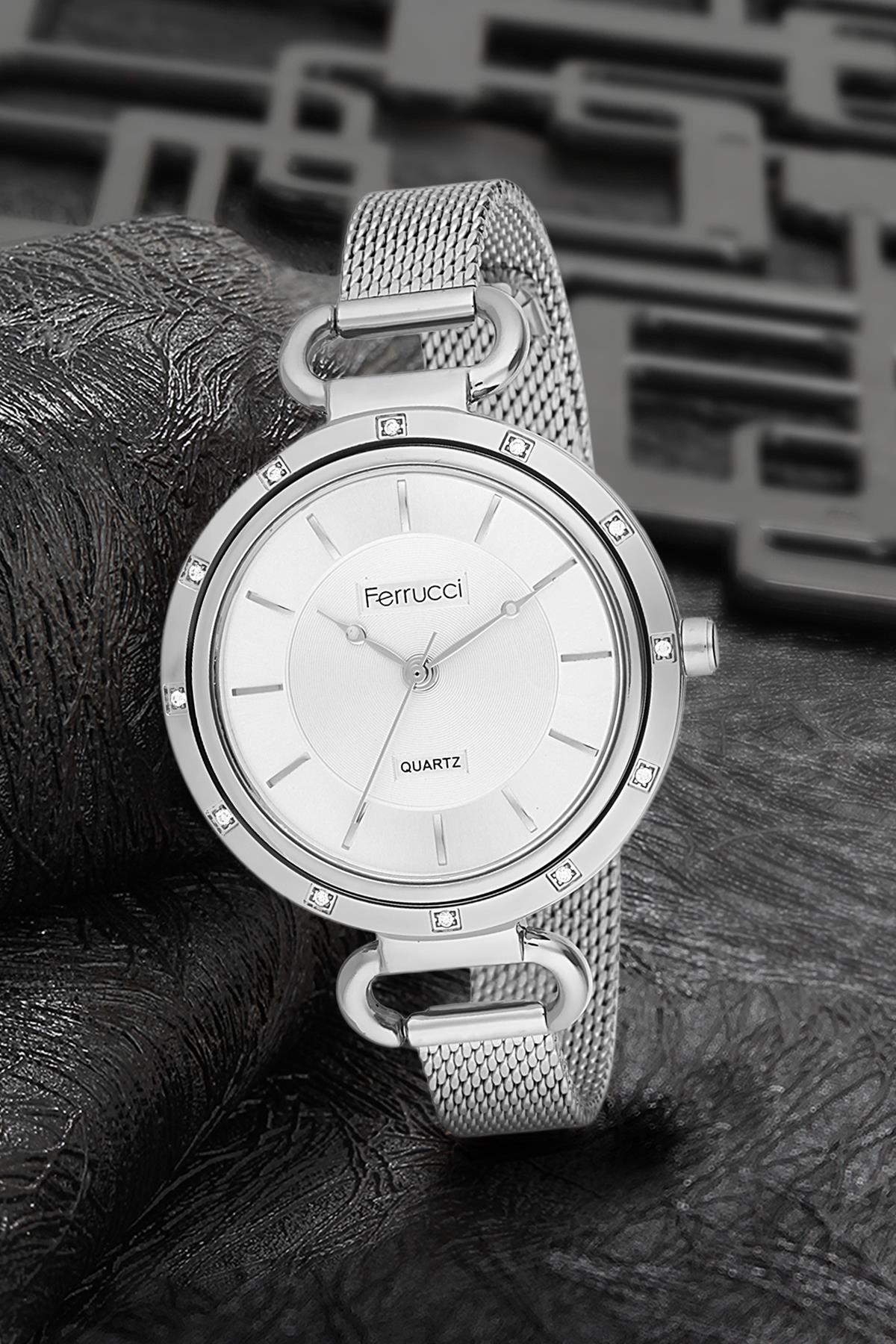Ferrucci 9FM2412 38 mm Gri Çelik-Hasır Kordon Analog Kadın Kol Saati