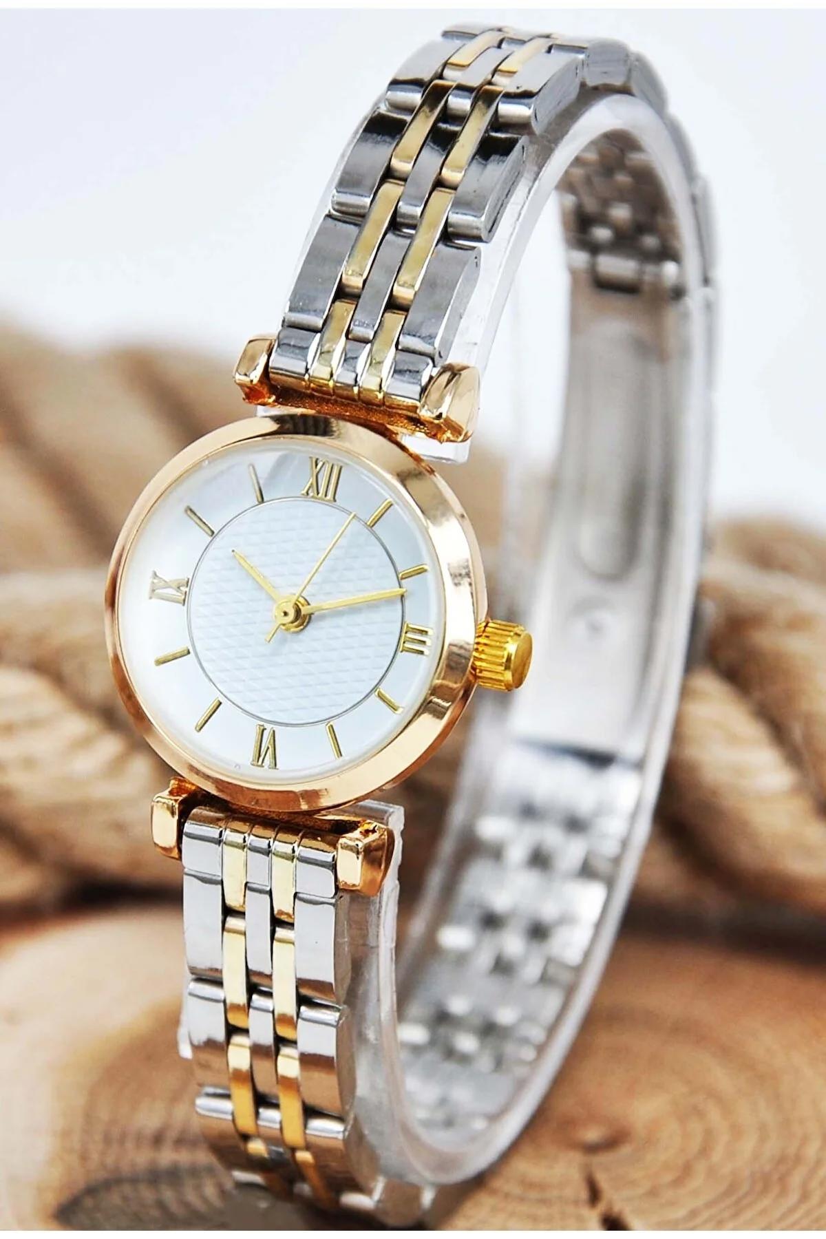 Storeay STA-051 20-25 mm Altın-Gri Deri Kordon Analog Kadın Kol Saati