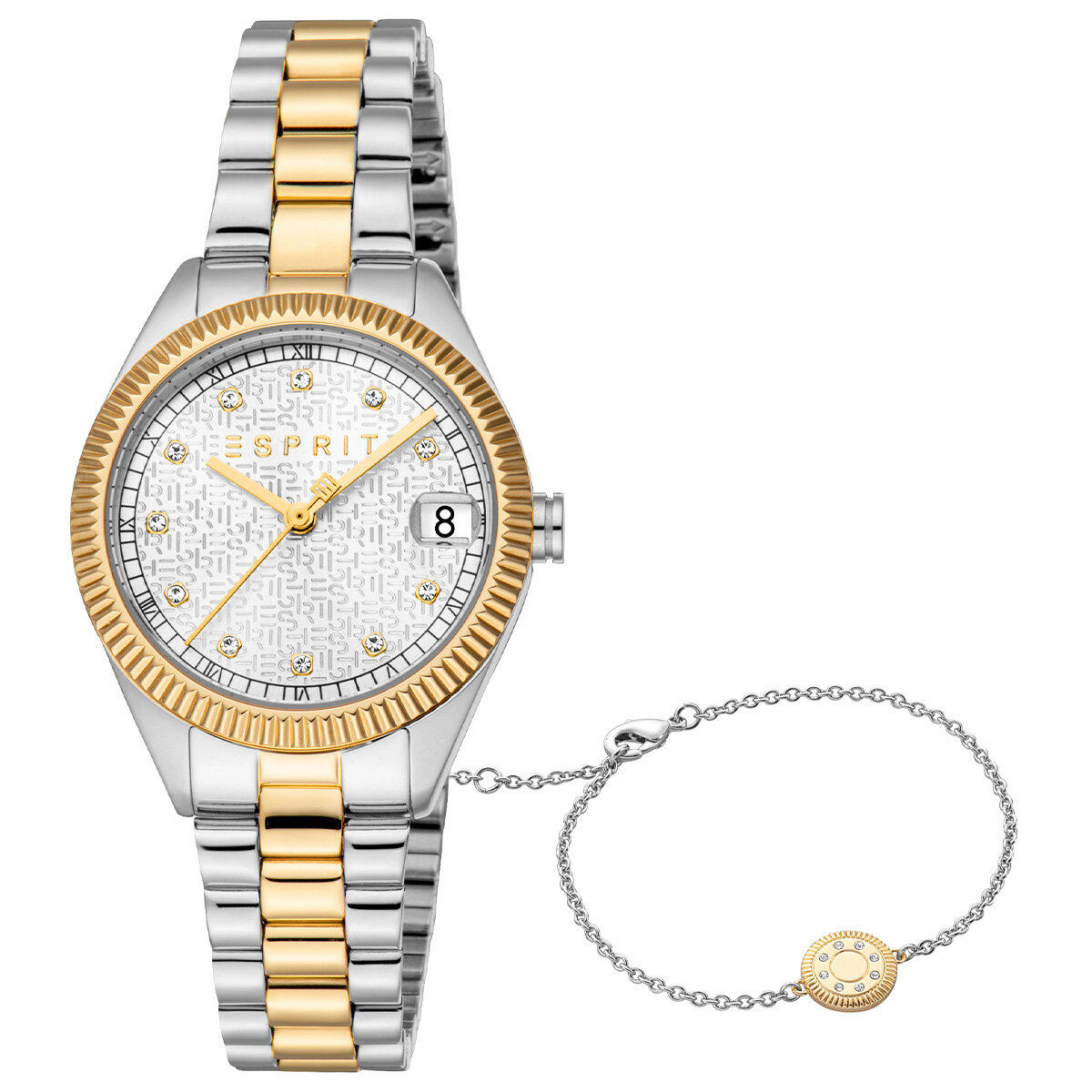 Esprit ES1L433M0055 Takvimli 30 mm Altın-Gri Çelik Kordon Analog Kadın Kol Saati