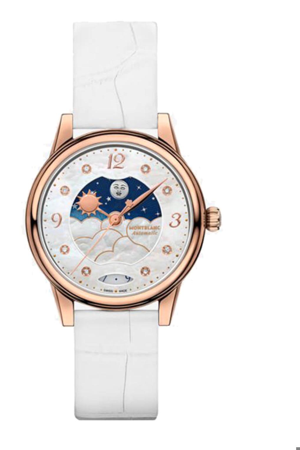 Mont Blanc BOHEME DAY & NİGHT 129773 Takvimli 30 mm Beyaz Deri Kordon Analog Kadın Kol Saati