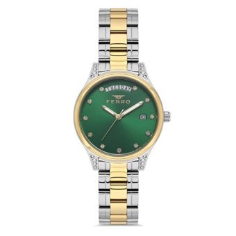 Ferro FL21439A-D6 Takvimli 34 mm Altın-Gri Çelik Kordon Analog Kadın Kol Saati
