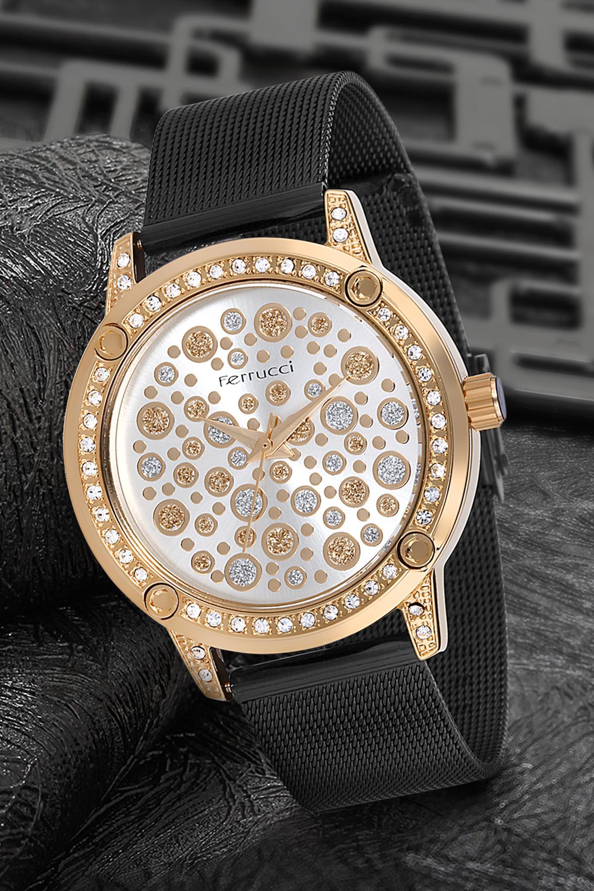 Ferrucci 9FM1517 38 mm Siyah Çelik-Hasır Kordon Analog Kadın Kol Saati