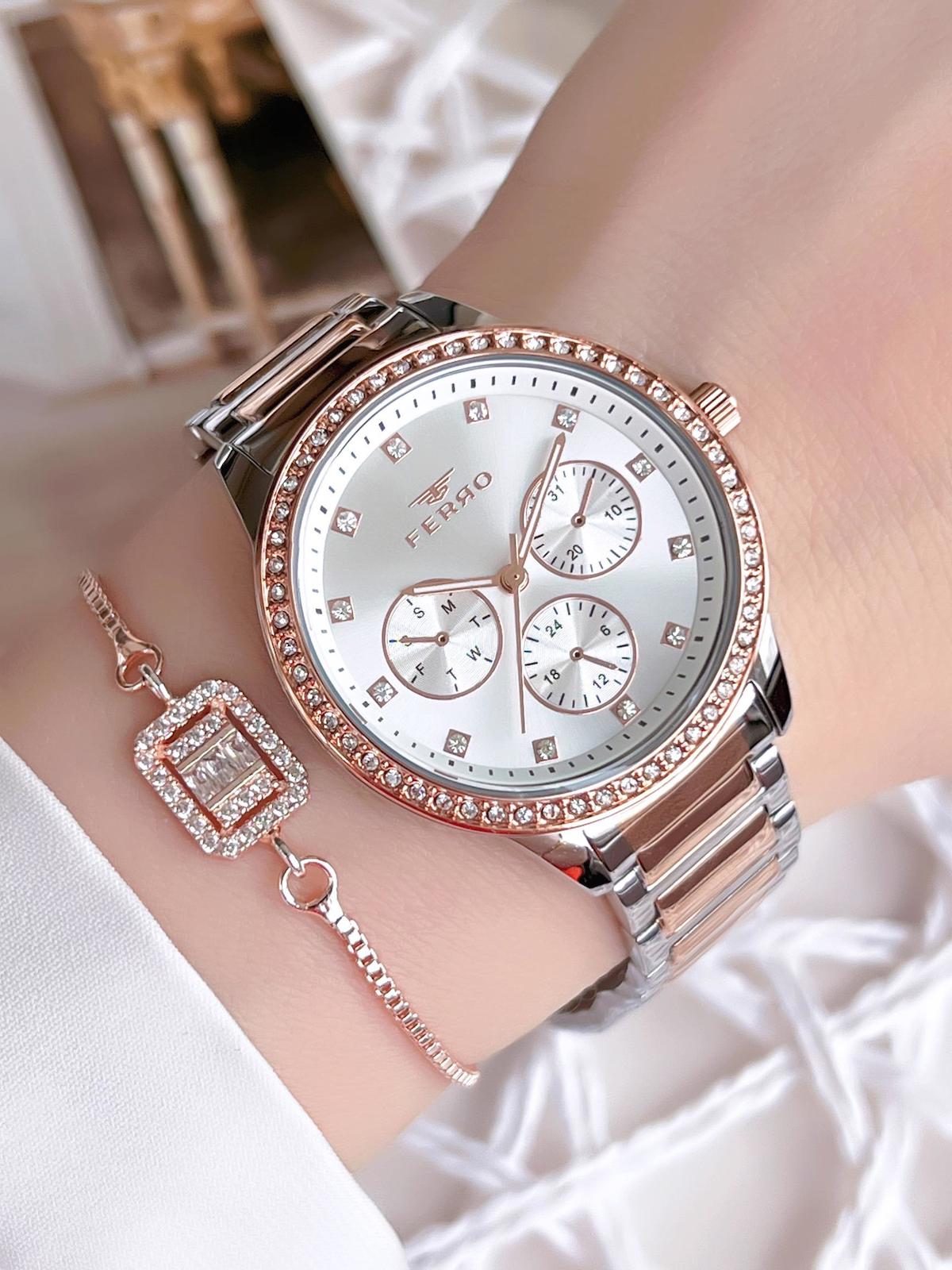 Ferro EF21077-E Takvimli 36 mm Gri-Rose Gold Çelik Kordon Analog Kadın Kol Saati