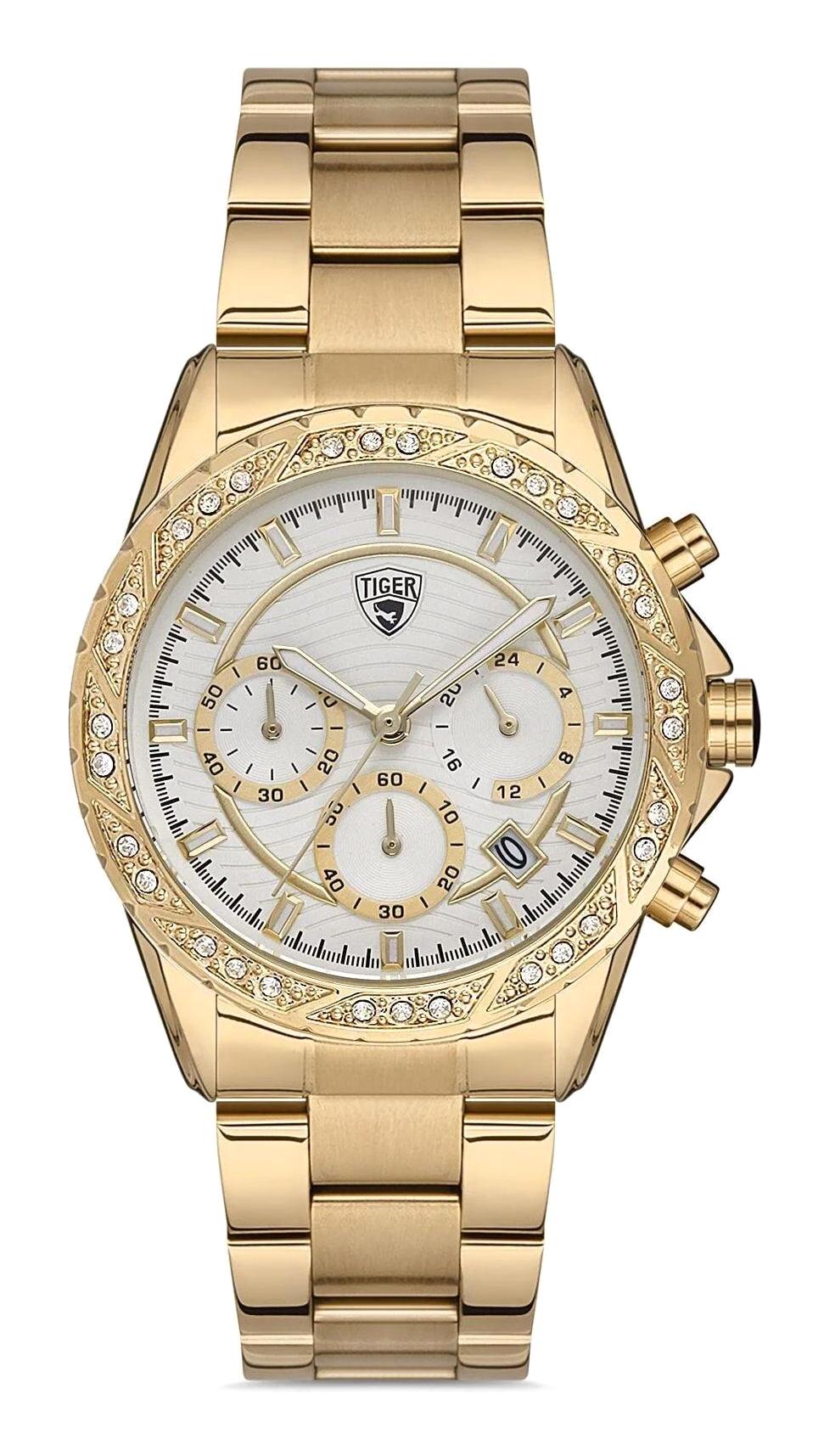 Tiger Takvimli 41-45 mm Altın Çelik Kordon Analog Kadın Kol Saati