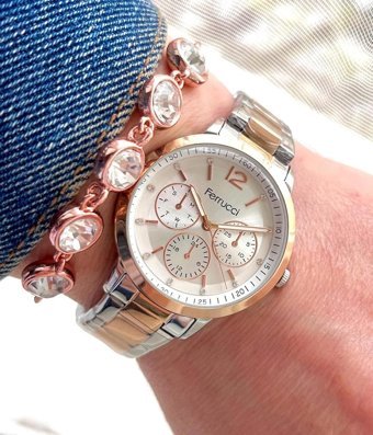 Ferrucci Takvimli 35 mm Gri-Rose Gold Çelik Kordon Analog Kadın Kol Saati