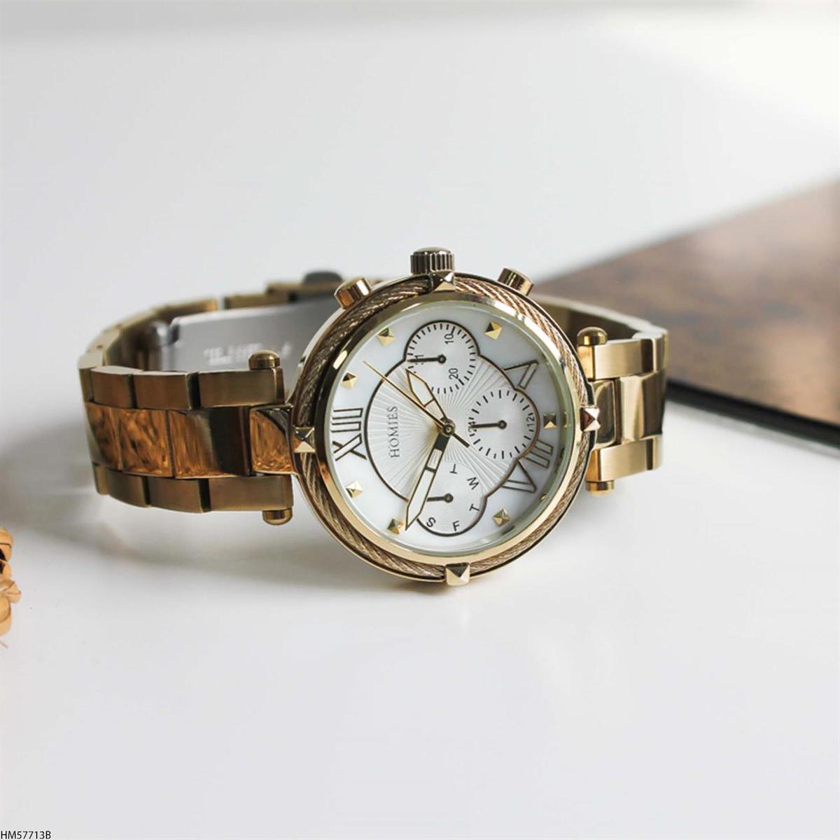 Homies HM57713B Takvimli 35 mm Altın Çelik Kordon Analog Kadın Kol Saati
