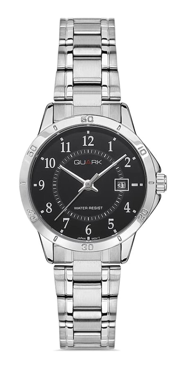 Quark QL-V004D-1B Takvimli 30 mm Gri Çelik Kordon Analog Kadın Kol Saati