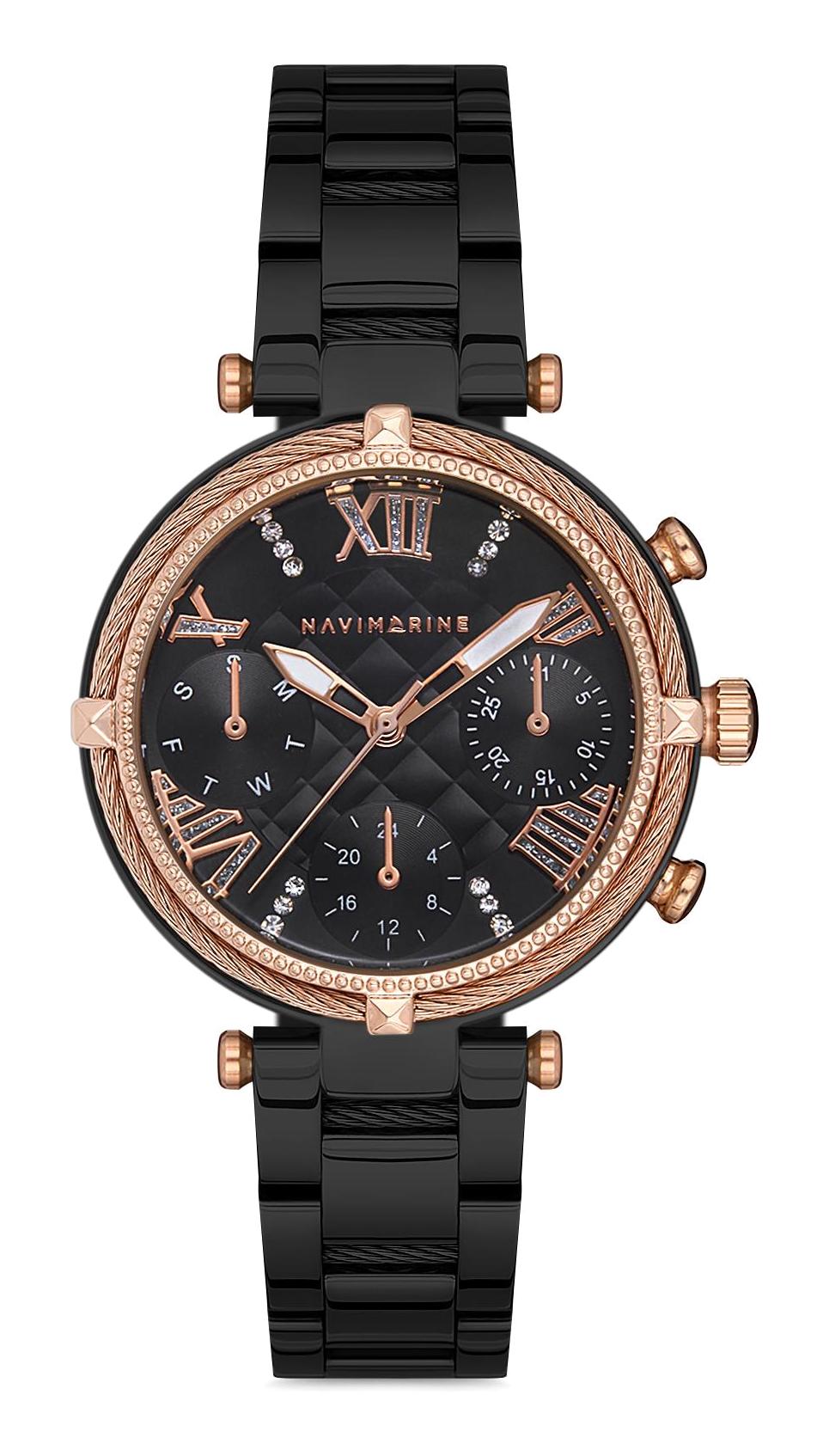Navimarine NM001-06 Takvimli 31-35 mm Rose Gold - Siyah Çelik Kordon Analog Kadın Kol Saati