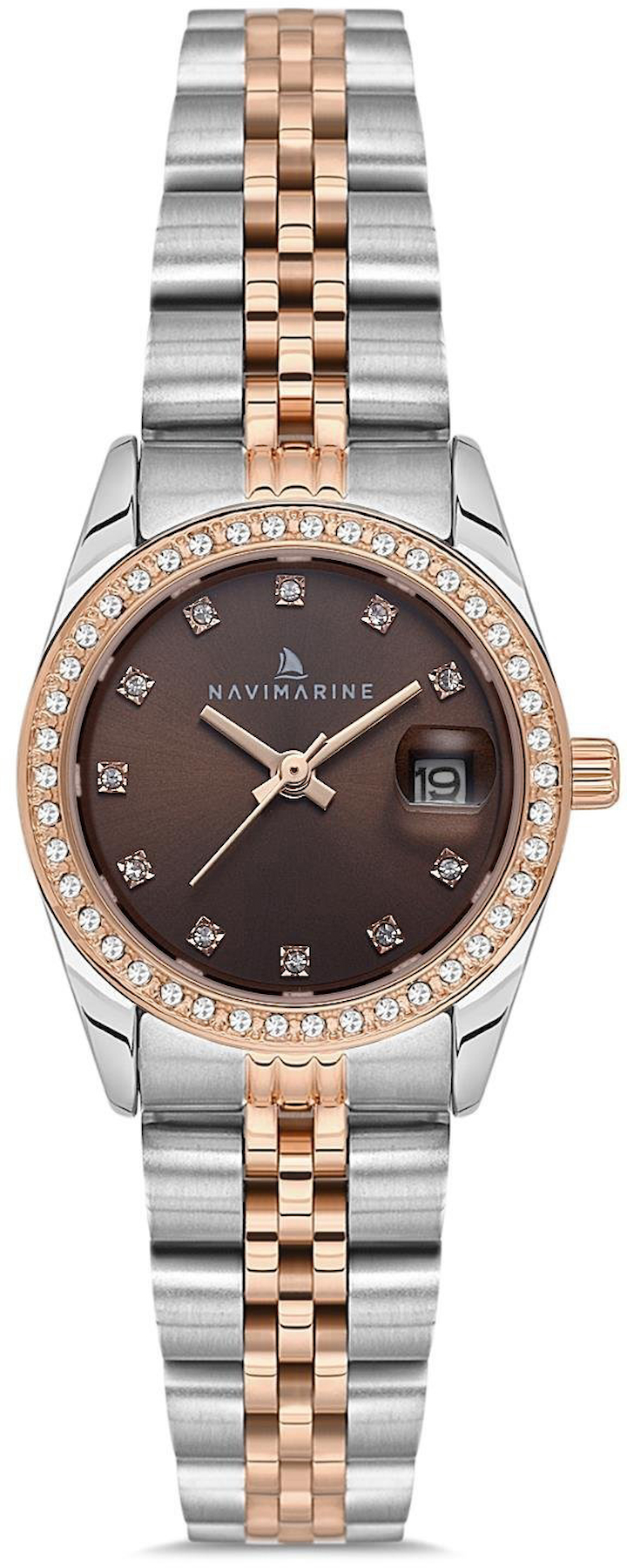 Navimarine NVM72-E6 Takvimli 28 mm Gri-Rose Gold Çelik Kordon Analog Kadın Kol Saati