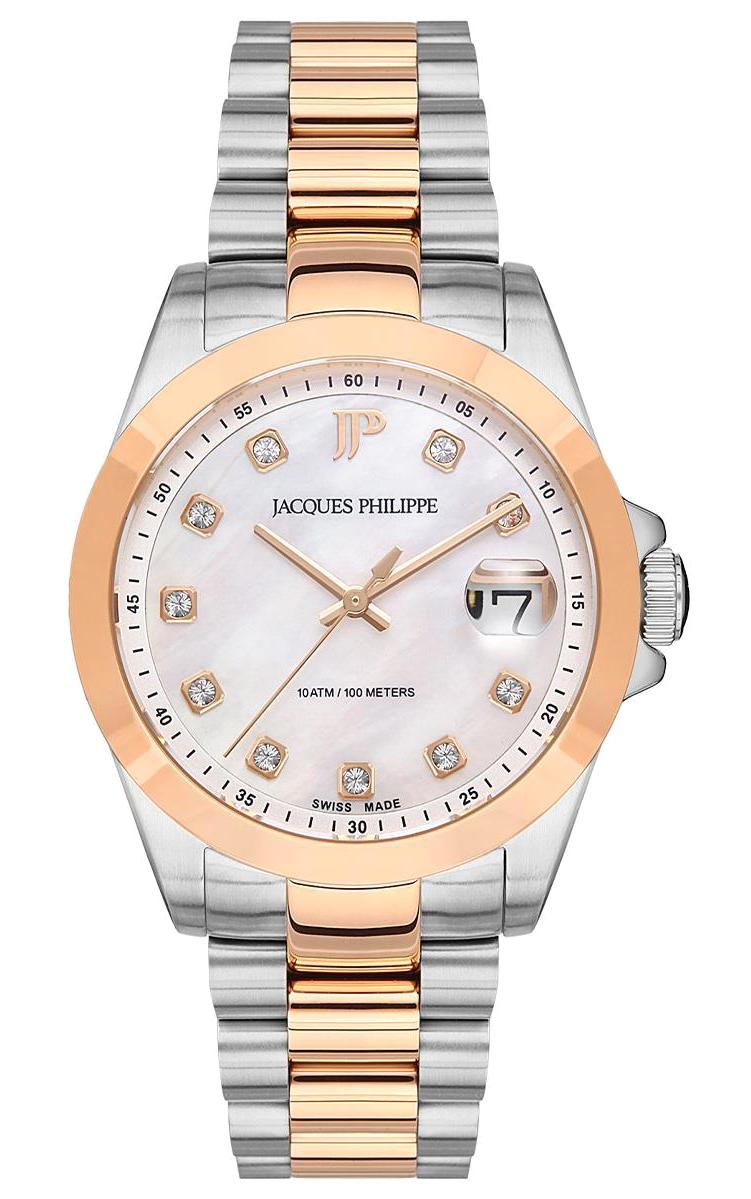 Jacques Philippe JPQLS347388 Takvimli 34 mm Gri-Rose Gold Çelik Kordon Analog Kadın Kol Saati